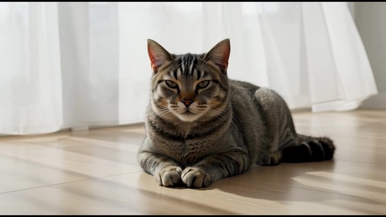 Gatto soriano che riposa su pavimento in legno in stanza luminosa