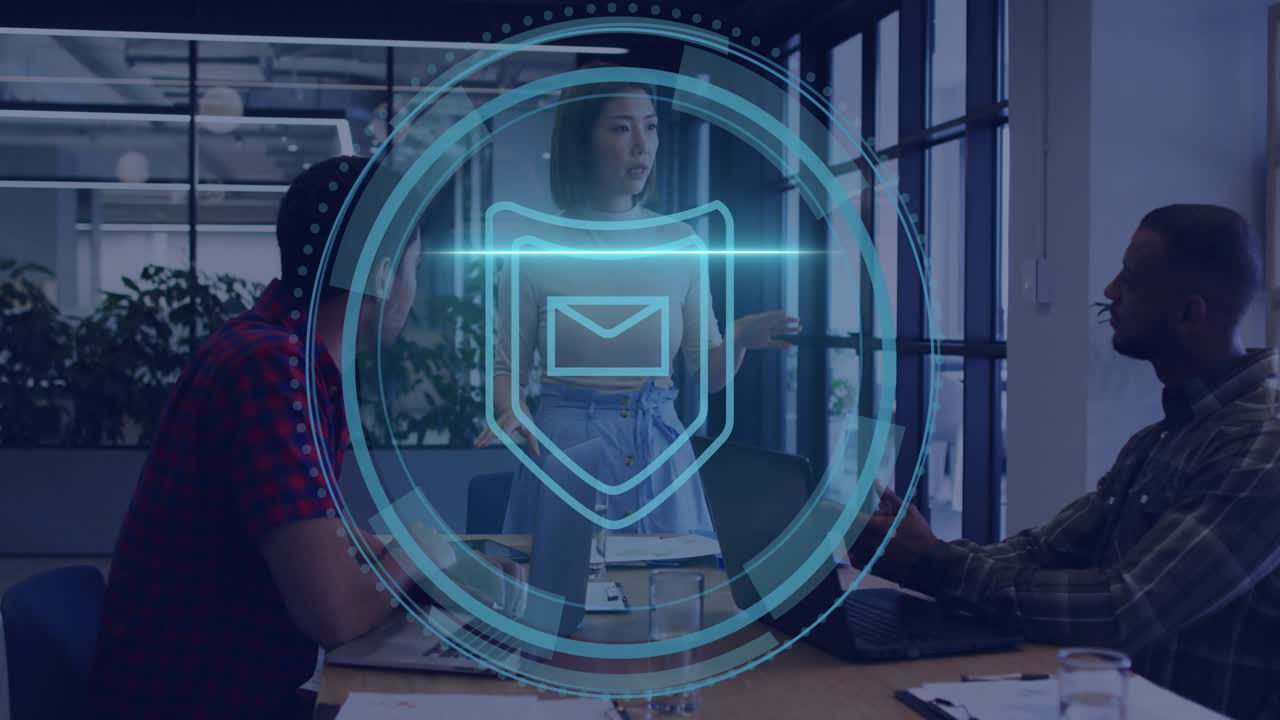 Woman presenting cybersecurity, speaking and gesturing in room animating cyan shield scanning torso