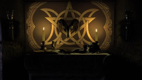 dramatic moonlit dolly shot 3d render of a dark chapel scene with a satanic pagan style ancient stone altar, with grimoire, bleeding bowl, mystical objects and a ram's skull mounted on a pentacle