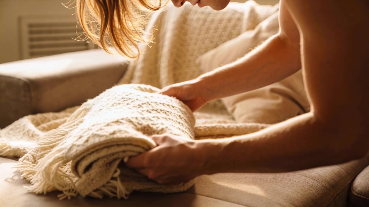 Un uomo a torso nudo con un anello al dito sinistro che si allunga per arrotolare una coperta di lana sul divano nel soggiorno, riordinando il divano.