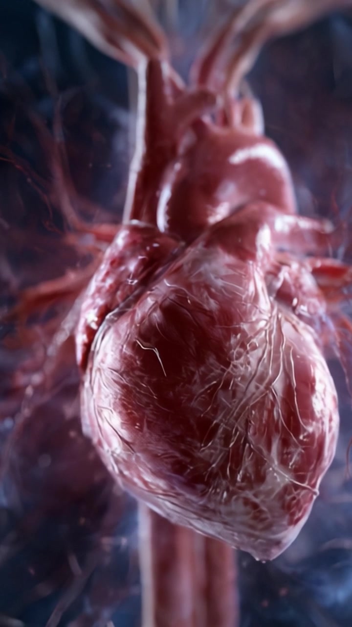 Primo piano mozzafiato di un cuore umano: esplorando le complessità dell'anatomia e della vitalità con dettagli illuminati