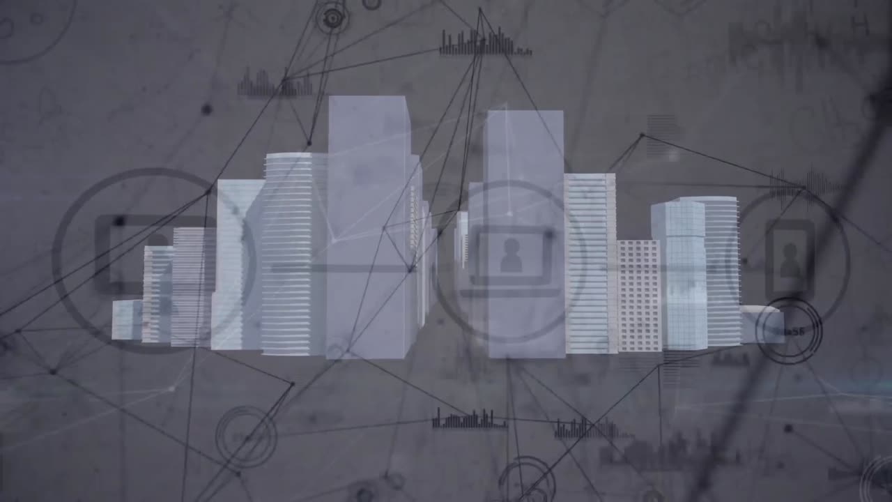 도시 풍경에 대한 연결 네트워크로 데이터 처리의 애니메이션