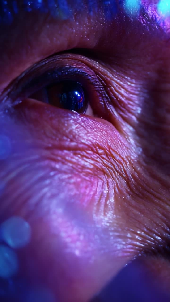 Close-Up Capturing of a Wise Eye Reflecting Stories of a Lifetime Amid Colorful Light Enhancements Depicting Emotion and Depth in a Unique Perspective