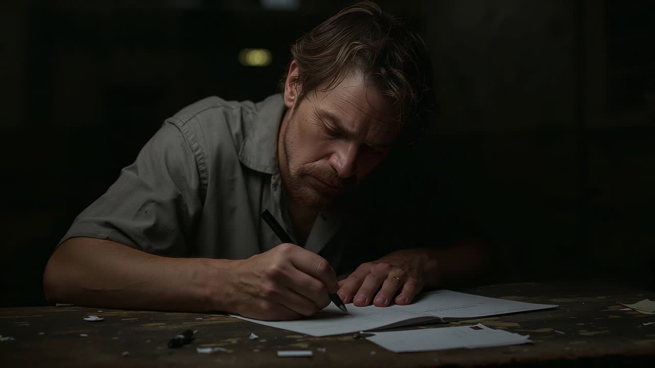 Writing man in work shirt leaning forward holding pen at dim workshop table, focusing on paper