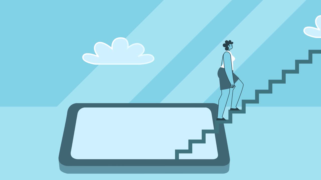 Climbing Stairs from Smartphone. Success and Technology Concepts. Flat Design Woman Cartoon Character Isolated Loop 2d Animation
