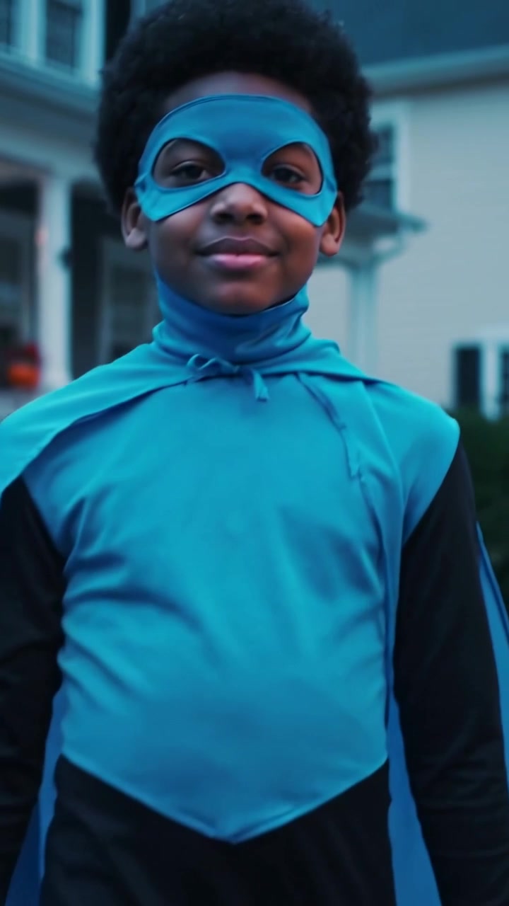 Vídeo vertical: Menino caminhando em direção à lente na varanda, ao lado de uma abóbora, com capa azul e máscara de Halloween.