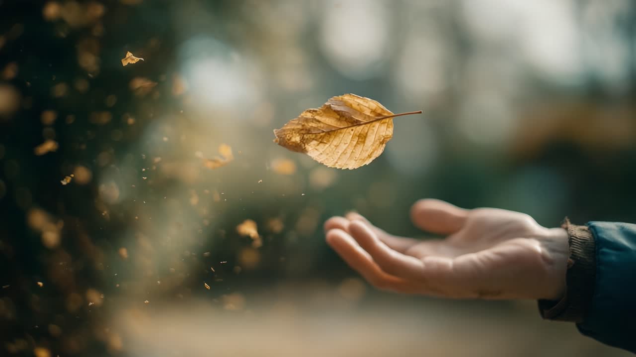 A Beautiful Moment Captured: A Hand Releasing a Golden Autumn Leaf into the Air, Surrounded by Floating Particles, Evoking Nature's Transition and Serenity