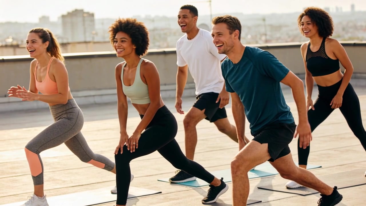 Cinco adultos con ropa deportiva haciendo zancadas juntos en una azotea a la señal para hacer ejercicio con esterillas de yoga