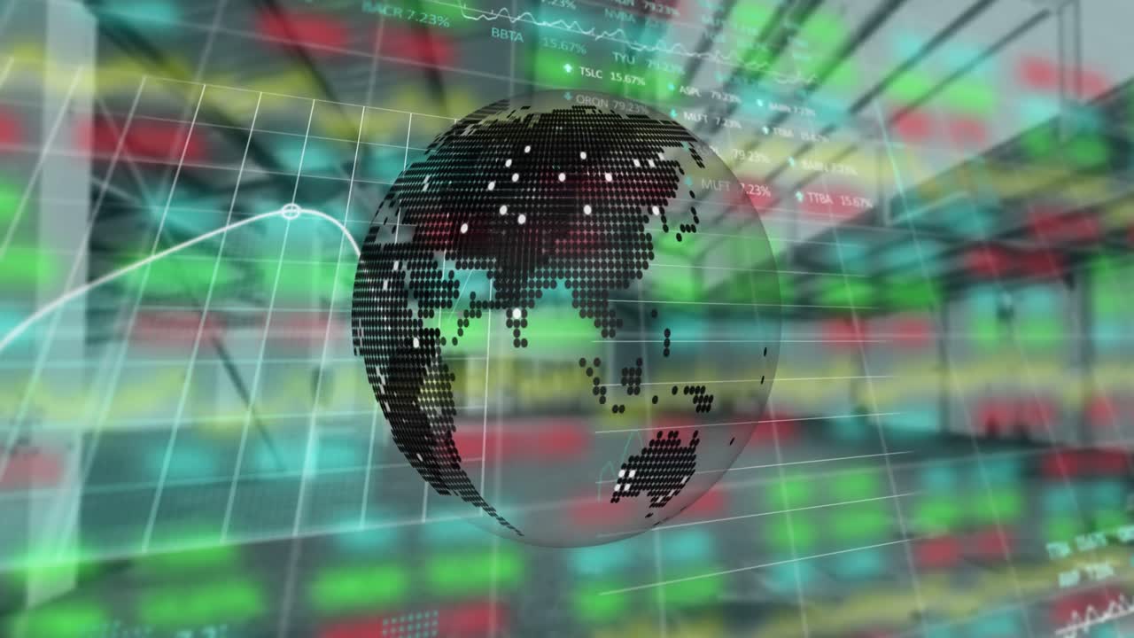 animación del globo y procesamiento de datos financieros sobre interiores industriales vacíos