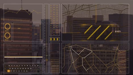 Animación-De-La-Interfaz-Con-Procesamiento-De-Datos-Frente-A-La-Vista-Aérea-Del-Paisaje-Urbano