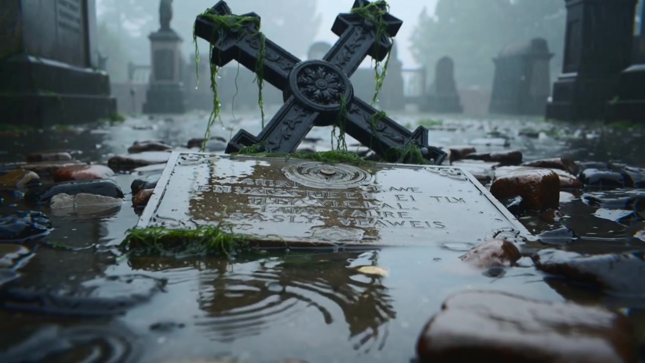 Gocce di pioggia che colpiscono una pozzanghera, increspando una lapide metallica e una croce di ferro ornata in un cimitero