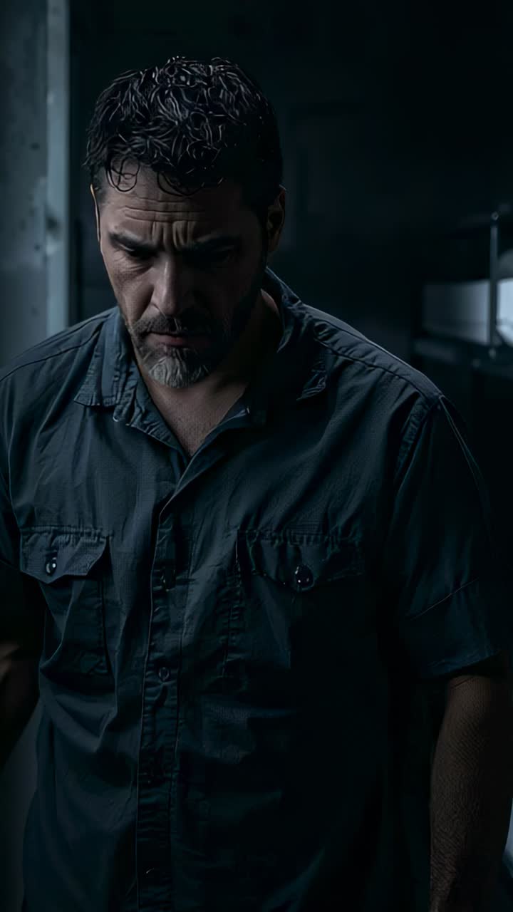 Vertical video: Lifting chin, man in pocketed shirt shifting gaze upward in storage, shelving right