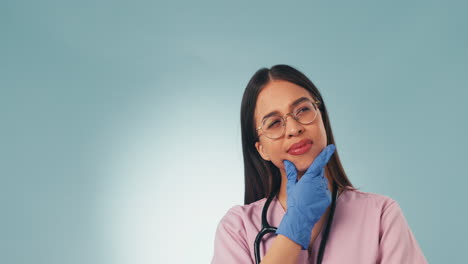 Mujer-De-Estudio,-Rostro-Y-Médico-Pensando-En-Medicina.