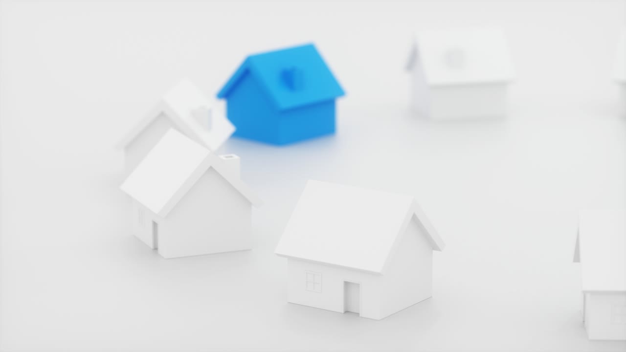 casa azul con modelo de casa blanca, renderización en 3d.