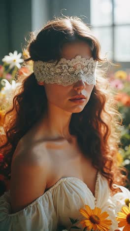 woman with lace eyeshade in a floral setting