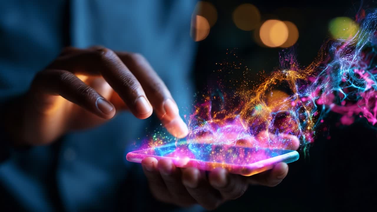 Stunning visual effects emerge from a smartphone as hands interact with a colorful and vibrant display, showcasing the fusion of technology and creativity through digital artistry