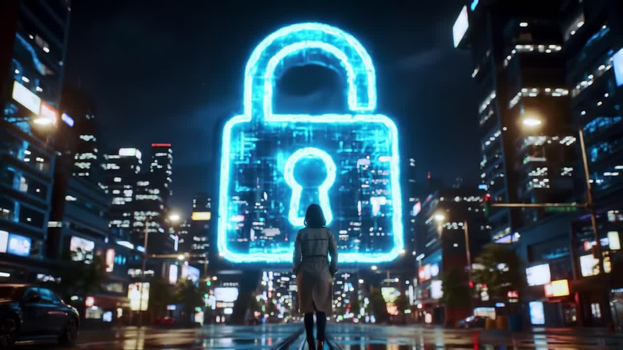 Woman walking down a city street under a glowing padlock hologram at night