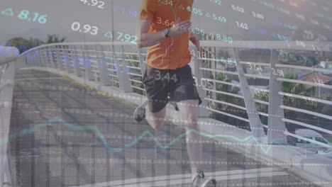 animation of financial data processing over caucasian man running