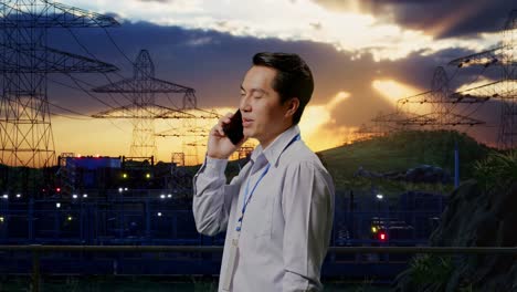 side view asian male professional worker standing near high voltage tower, industrial facility, he pick the phone up and started to specking to it with a slicely smile