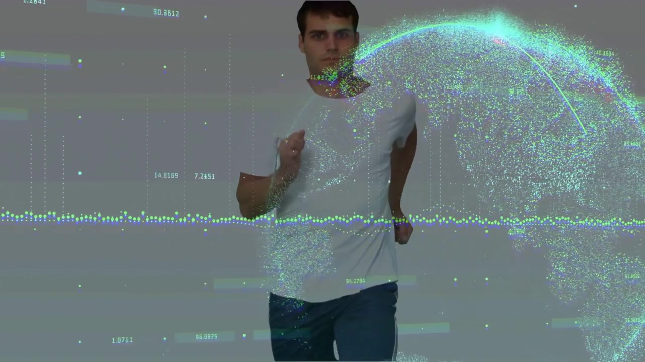 Male runner starting midrun, running then slowing as tech waveform and globe projecting onto torso