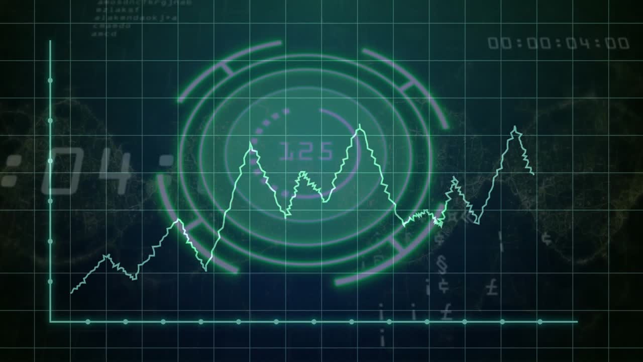 Animated illustration showing neon green HUD floating over grid, displaying jagged line chart nodes
