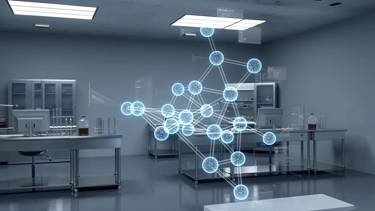 Translucent cyan molecular network projection hovers above stainless laboratory benches inside modern research room, with glowing nodes, linked rods, glassware, sterile surfaces, cool fluorescent