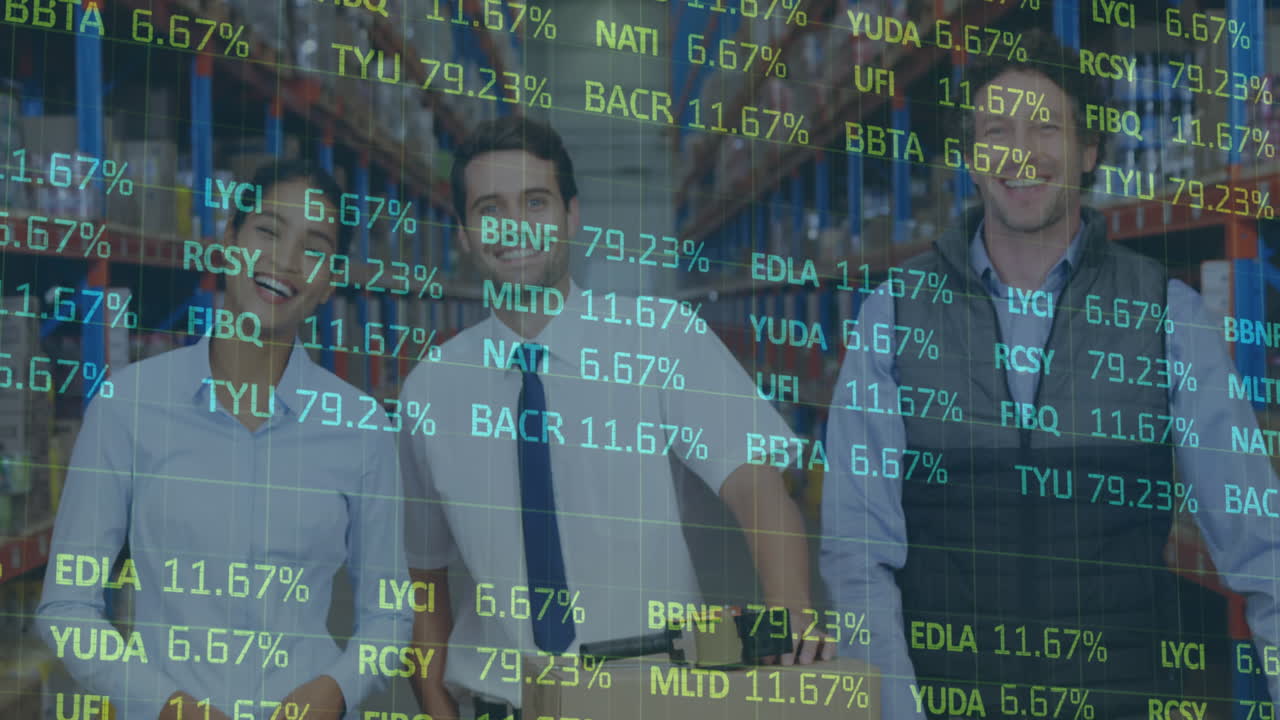 Animation of financial data processing over men and woman working in warehouse