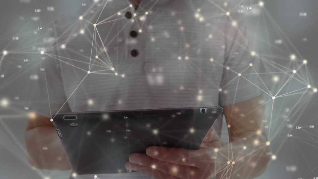 태블릿을 사용하여 인간을 통한 연결 네트워크의 애니메이션