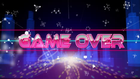 animación del juego sobre texto en letras rosadas metálicas sobre paisaje urbano y moléculas