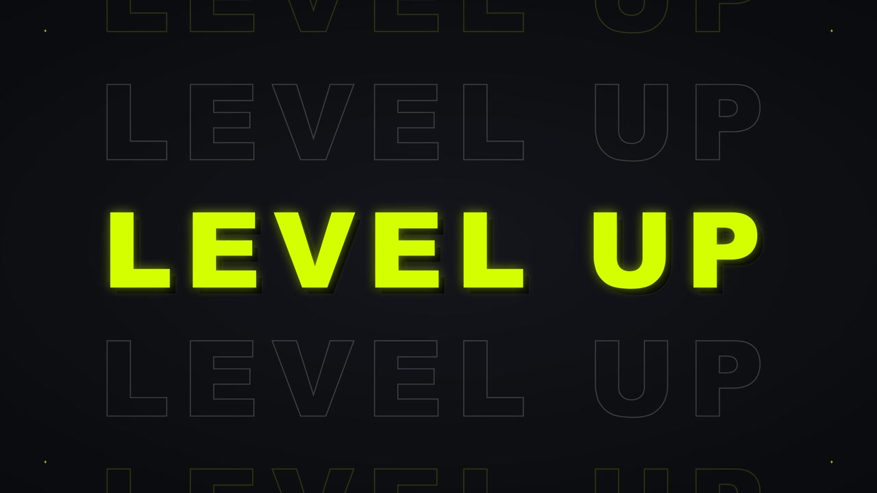 Grafik Teks Animasi Level Up dengan Latar Belakang Gelap