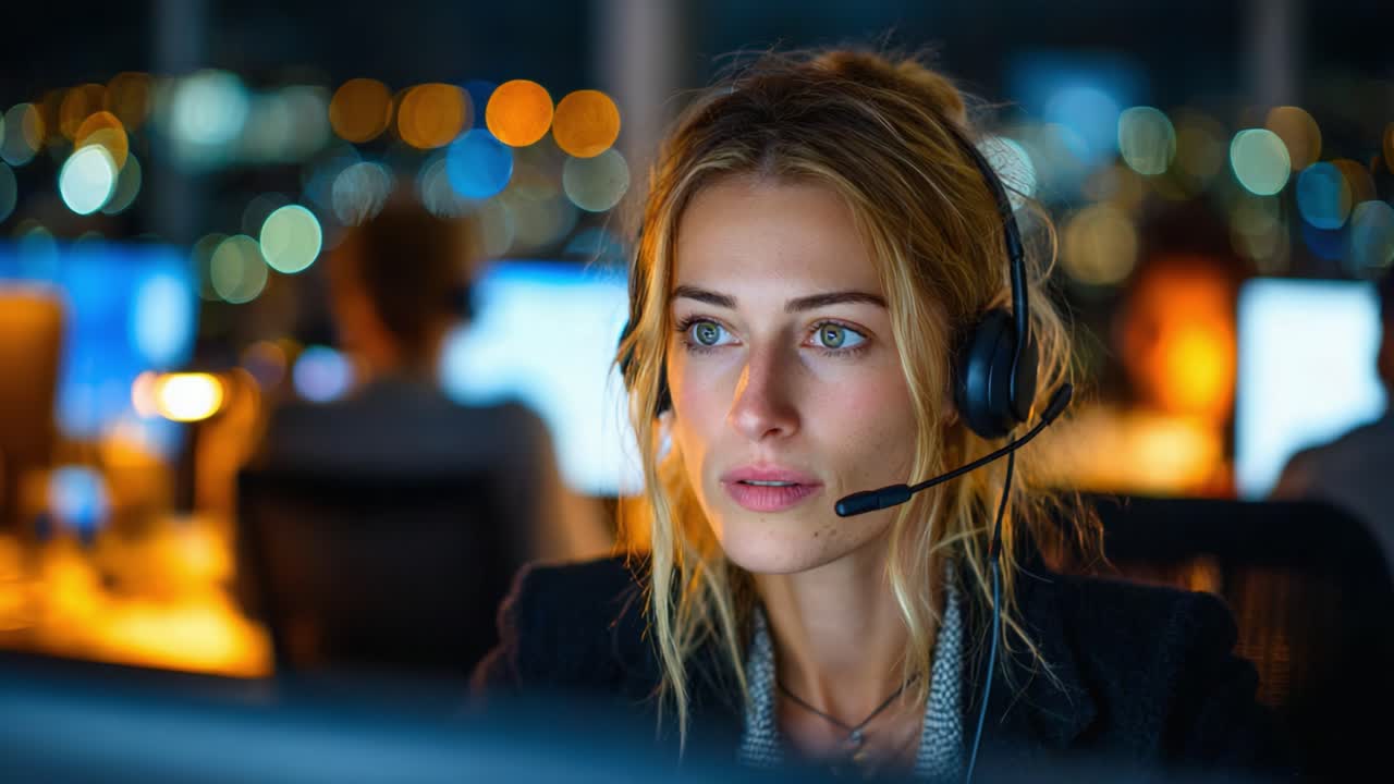 Fokus dan Aktif: Seorang Profesional Berdedikasi yang Bekerja di Call Center Modern pada Malam Hari yang Dikelilingi oleh Lampu dan Teknologi yang Diburamkan