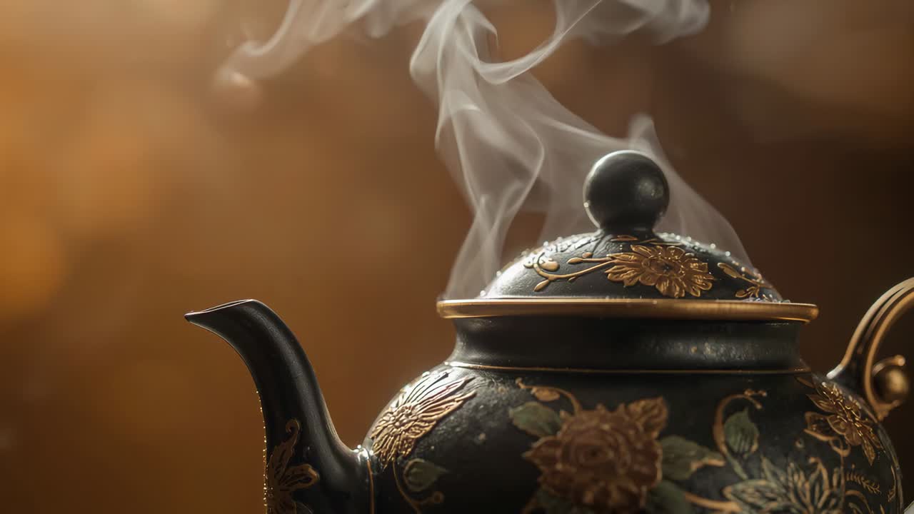 Releasing ornate dark teapot spewing curling steam from boiling water on tabletop set, gold relief