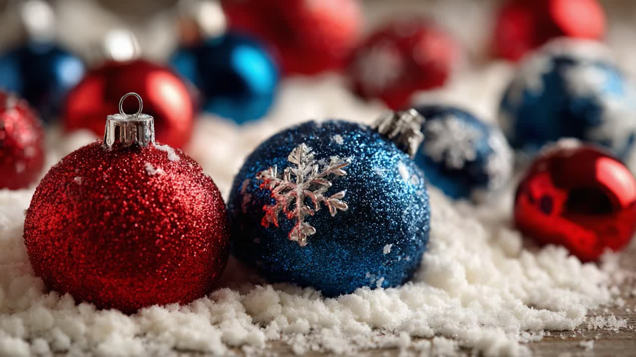 A Close-Up View of Festively Decorated Christmas Ornaments in Red and Blue Glitter Resting on a Bed of Artificial Snow, Capturing the Spirit of the Holiday Season