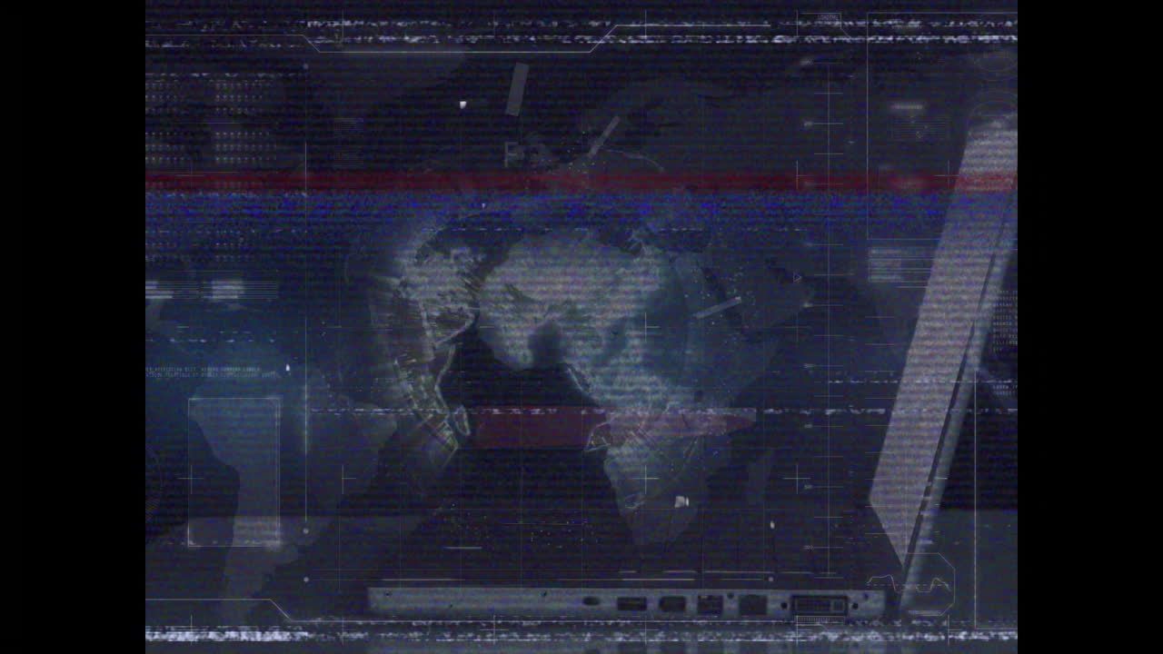 Animation of digital world map with glitch effects and data processing elements