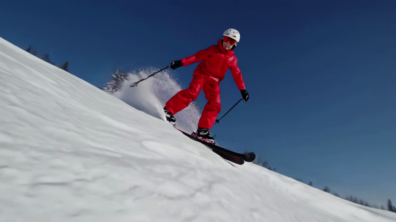 Dynamic video of a skier in red gear captured from a low angle, showcasing speed and precision