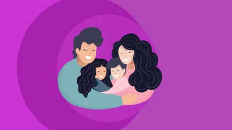 animación de una familia feliz abrazándose sobre un fondo púrpura