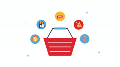 cesta de compras con iconos de comercio electrónico