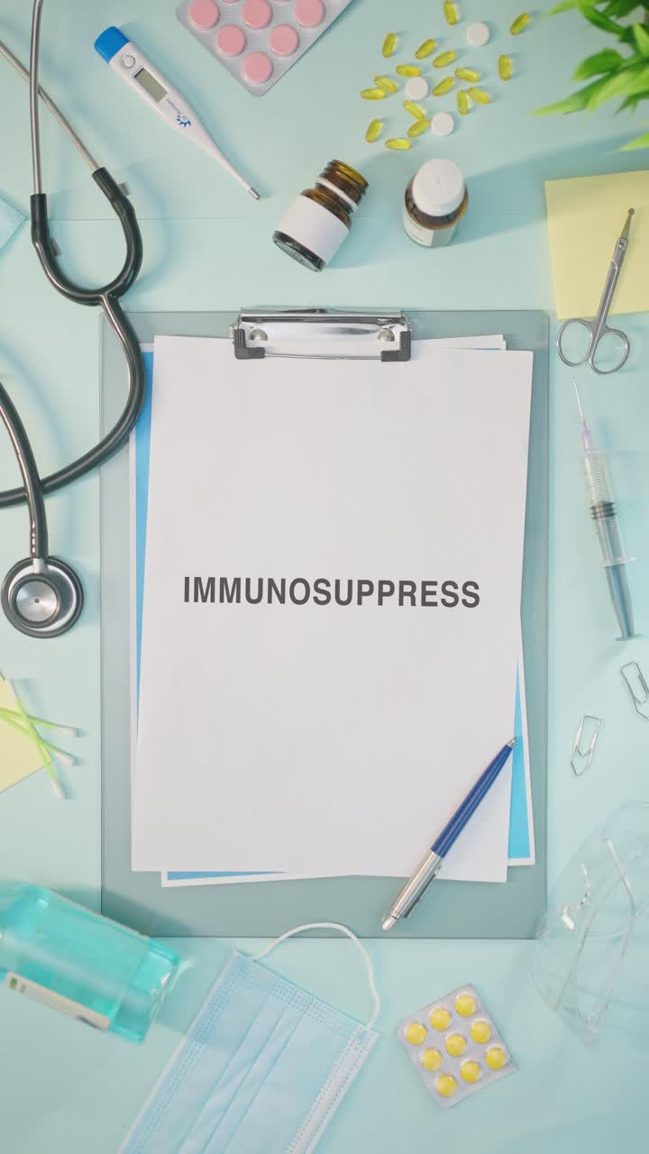 VERTICAL VIDEO OF IMMUNOSUPPRESS WRITTEN ON MEDICAL PAPER
