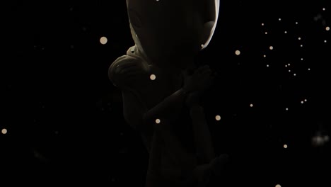 Striking-3D-render-of-an-abstract-robot-baby-composed-of-bones,-floating-amidst-black-space-and-particles,-creating-a-futuristic-and-conceptual-aesthetic