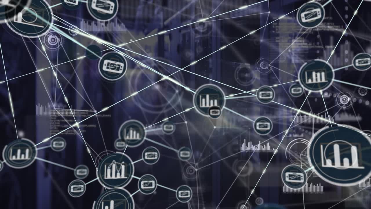 Animation of network of connections with icons and data processing over server room