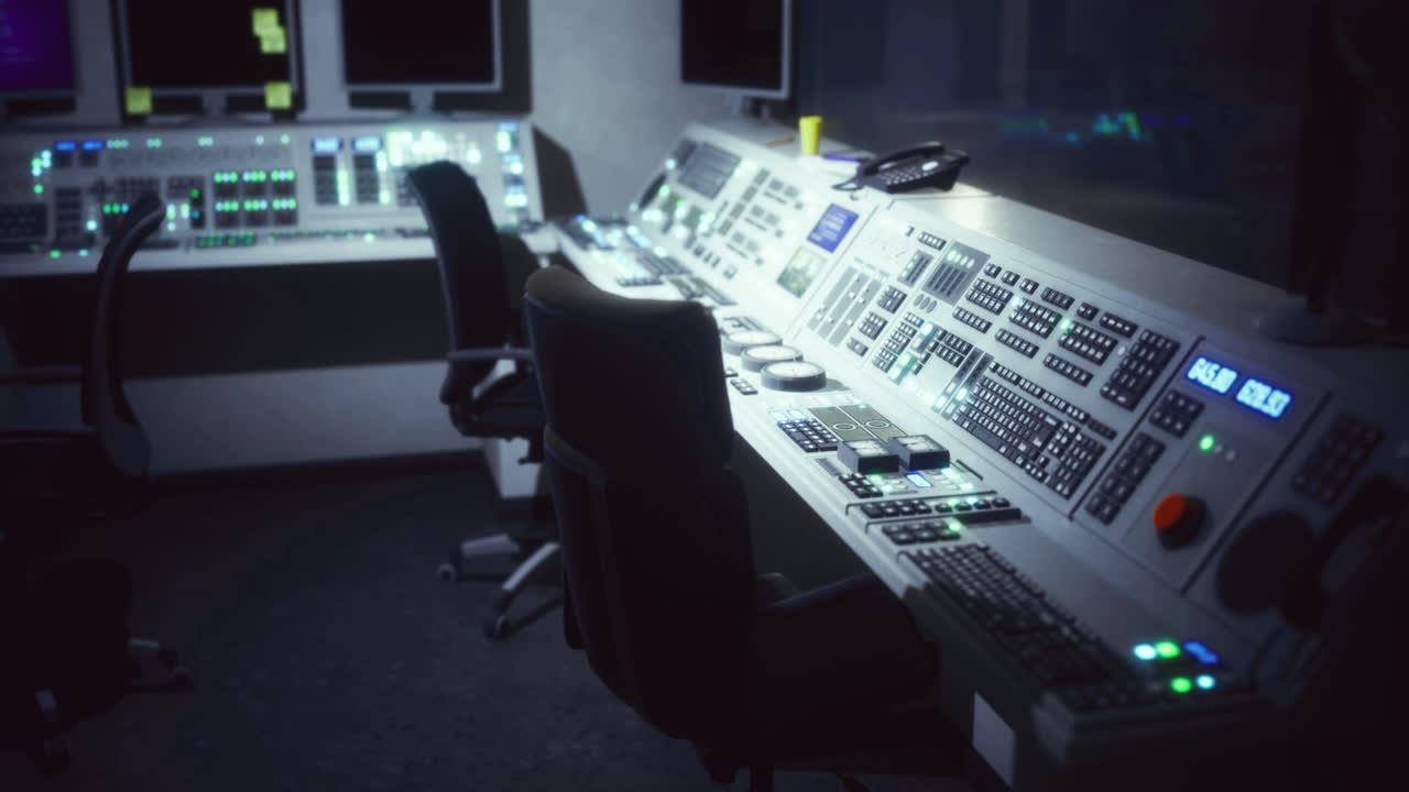 Control room setup featuring advanced technology and dim lighting at night