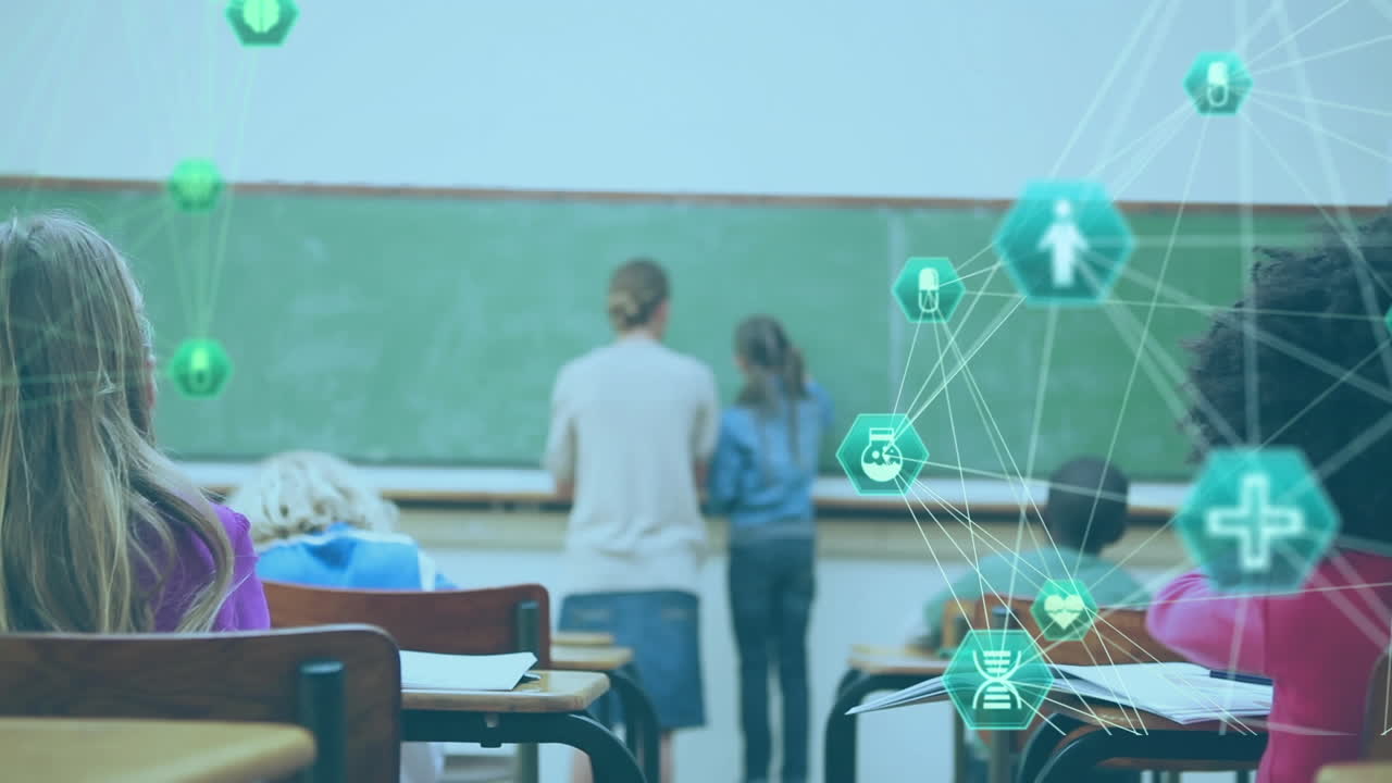 학교에서 두 인종의 소녀를 가르치는 백인 여성 교사 위에 의료 아이콘의 지구상의 애니메이션