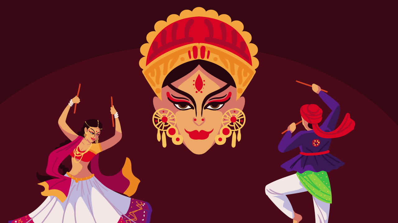 feliz animación de navratri con la pareja de bailarines
