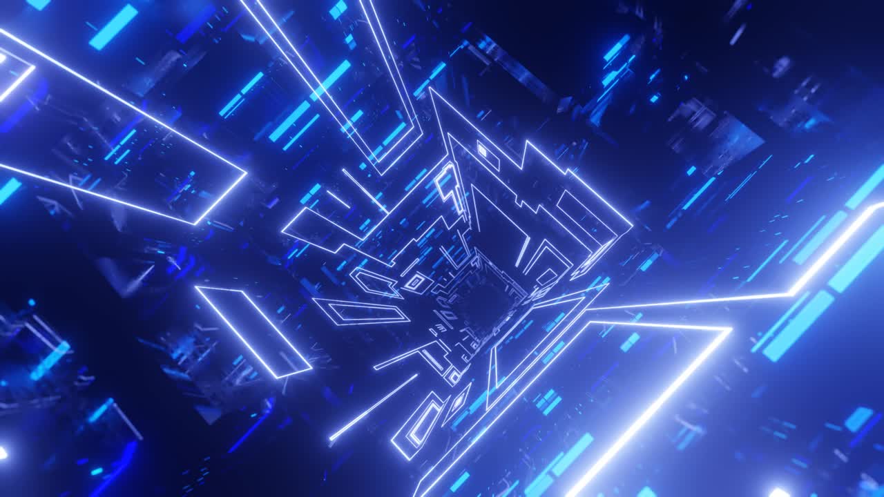 Hi-tech neon sci-fi tunel. Trendy neon glow lines form pattern and construction in mirror tunnel. Blue hologram. Fly through technology cyberspace. 3d looped seamless 4k bright youth background.