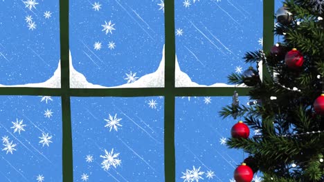 Animation-of-window-and-christmas-tree-over-snow-falling