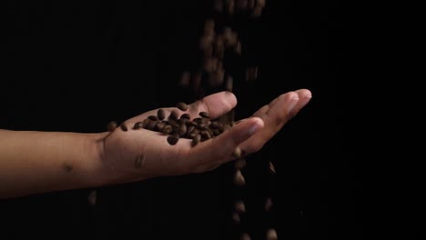 Roasted Coffee Beans Falling To Hand With Black Background, Slow Motion