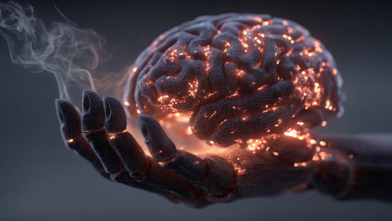 An Intricate Glimpse of a Glowing Brain Being Held by a Futuristic Robotic Hand Surrounded by Ethereal Smoke, Symbolizing the Fusion of Technology and Neuroscience