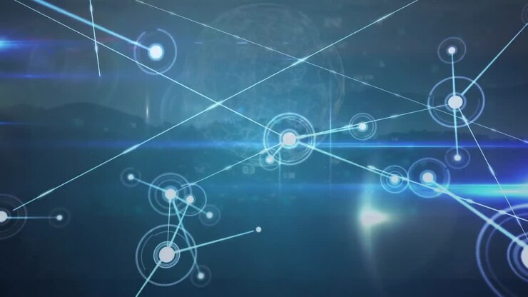 Animation of network of connections and data processing over landscape