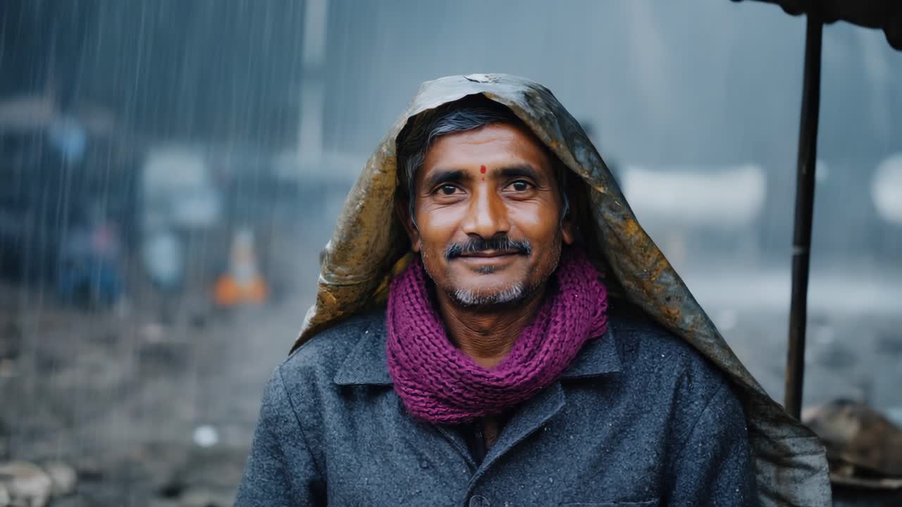 Indian street vendor smiling during rainy day wearing an improvised raincoat made of plastic sheet and a purple scarf, standing near his stall in a blurred background