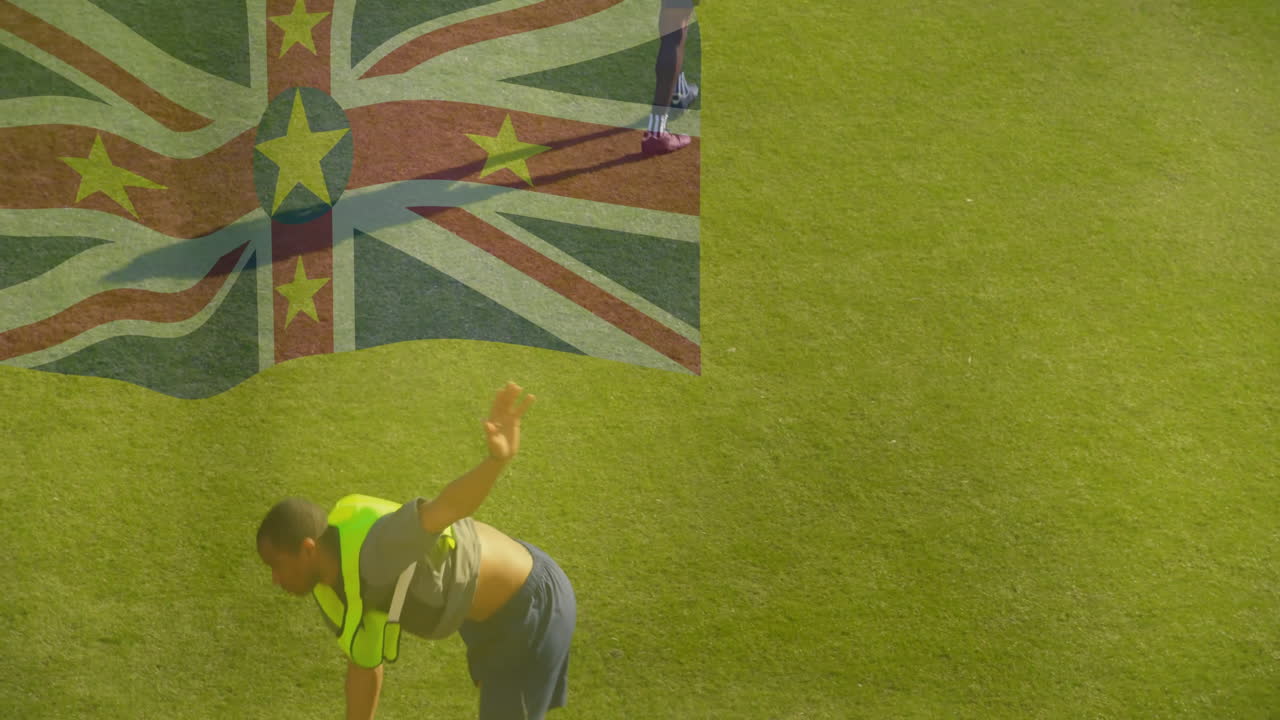 Person doing cartwheel on grass with Niue flag overlay animation